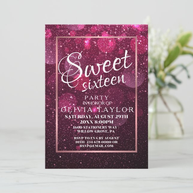 Invitation Faux Parties scintillant rose Élégant sucré 16 (Debout devant)