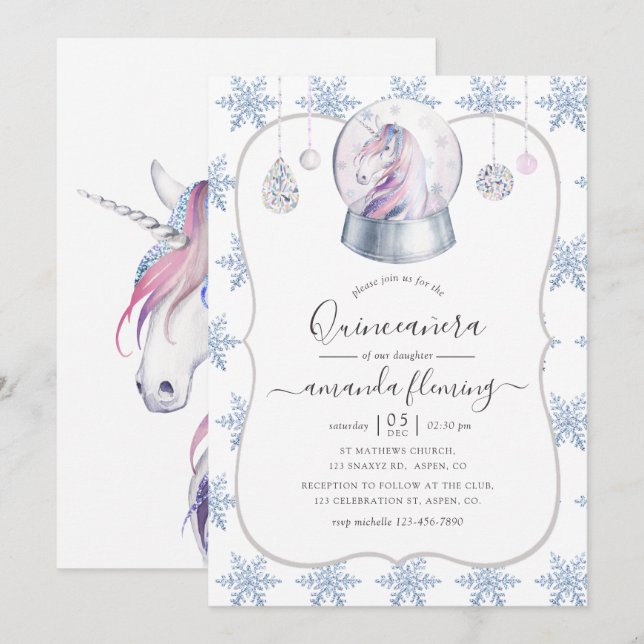 Invitation Faux Parties scintillant Unicorn Winter Wonderland (Devant / Derrière)