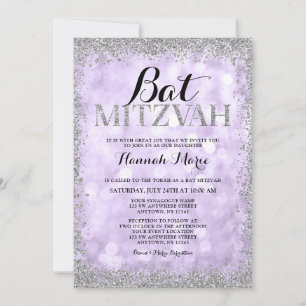 Invitation Faux Parties scintillant violet argenté Bat mitzva