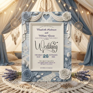 Invitation Faux Relief 3D Fleurs Bleu Poussiéreux pour Mariag