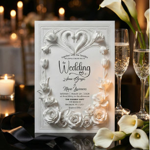 Invitation Faux relief floral blanc monogrammé en relief pour