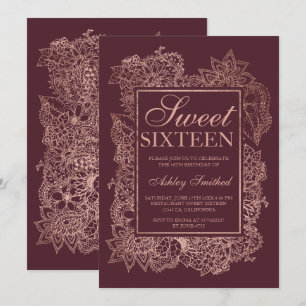 Invitation Faux rose d'or moderne burgundy Sweet 16