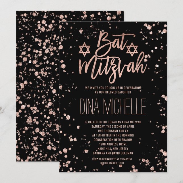 Invitation Faux rose en or confetti éclaboussures Bat mitzvah (Devant / Derrière)