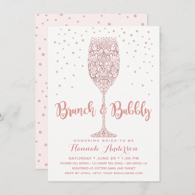 Invitation Faux Rose Gold Brunch & Bubbly Fête des mariées (Devant / Derrière)