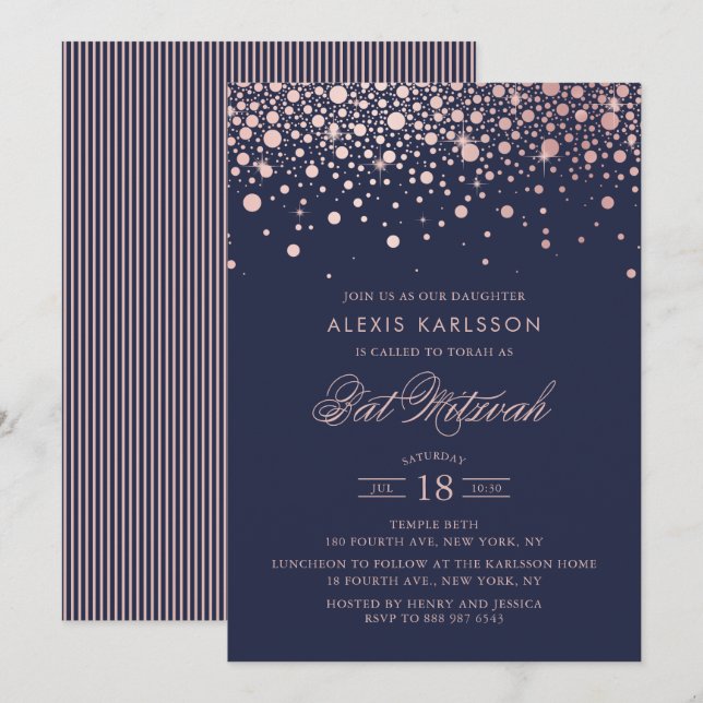 Invitation Faux Rose Gold Foil Confetti Bat mitzvah bleu (Devant / Derrière)
