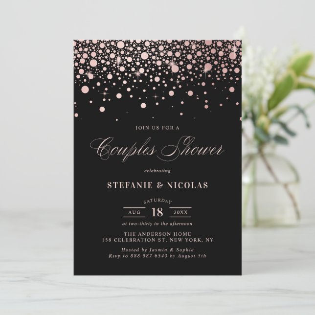 Invitation Faux Rose Gold Foil Confetti Black Couples Douche (Debout devant)