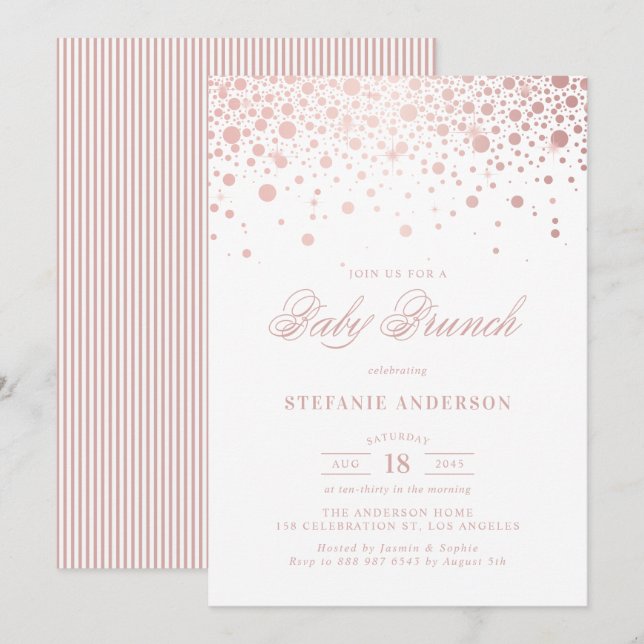 Invitation Faux Rose Gold Foil Confetti Dots Baby Brunch (Devant / Derrière)
