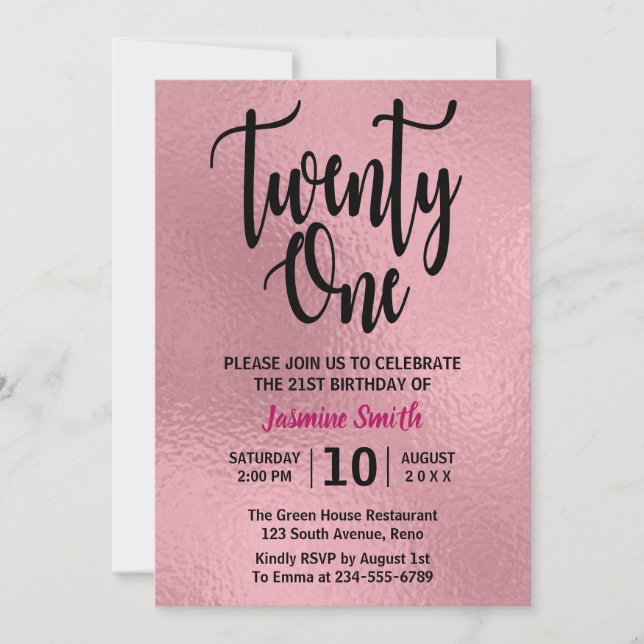 Invitation Faux Rose Gold Foil Moderne 21e anniversaire (Devant)