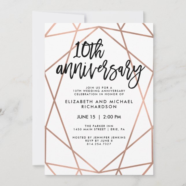 Invitation Faux Rose Gold Géométrique 10e anniversaire Mariag (Devant)