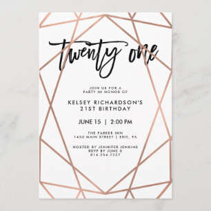 Invitation Faux Rose Gold Géométrique   Fête du 21e anniversa
