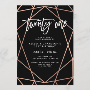 Invitation Faux Rose Gold Géométrique Fête du 21e anniversa