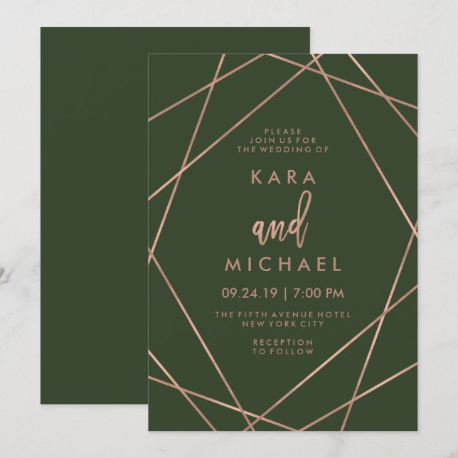 Invitation Faux Rose Gold Géométrique | Mariage vert profond (Devant / Derrière)