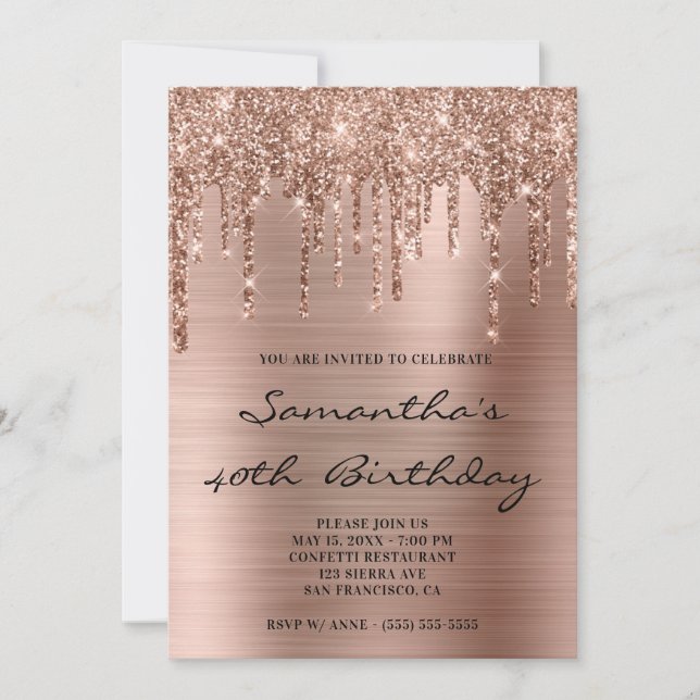 Invitation Faux rose gold pailleté Drips Papier Anniversaire (Devant)