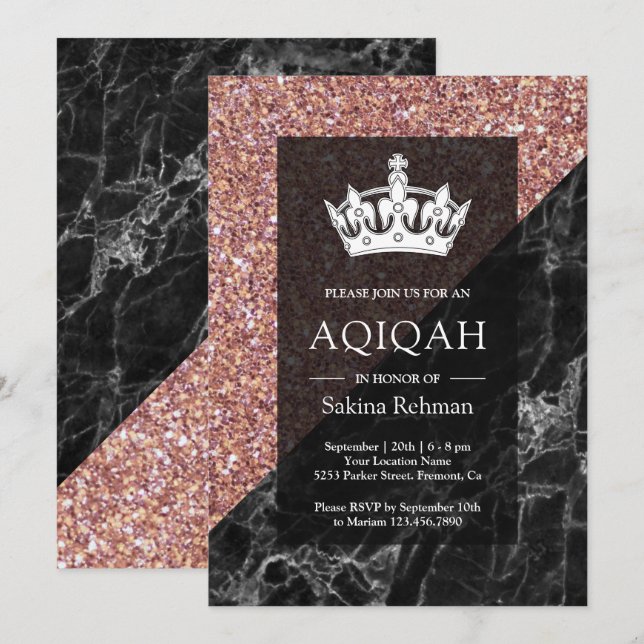Invitation Faux Rose Gold Parties scintillant Marbre noir Aqi (Devant / Derrière)