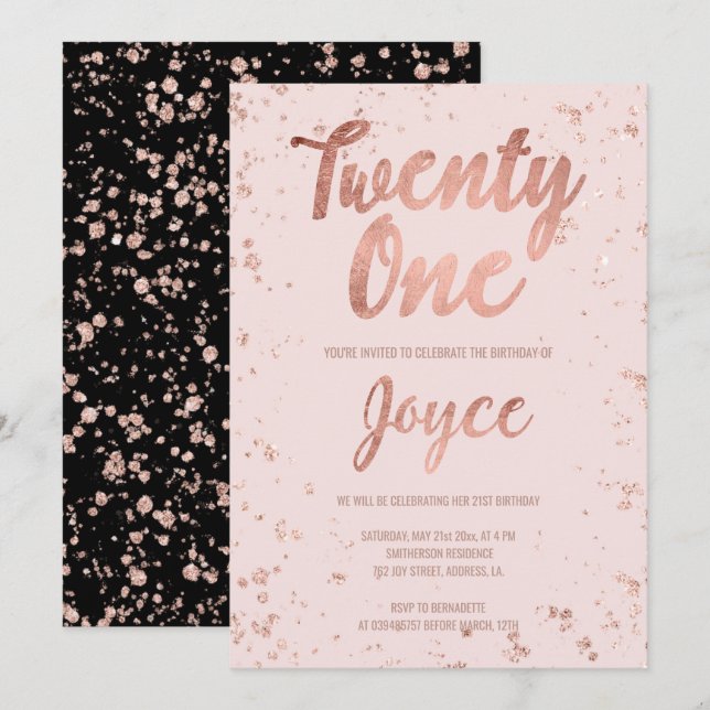 Invitation Faux rose or confetti blush 21e Anniversaire nom (Devant / Derrière)
