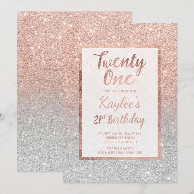 Invitation Faux rose or faux parties scintillant argent chic  (Devant / Derrière)
