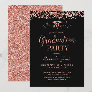 Invitation FAUX ROSE OR Noir RN Nurse Graduation Party