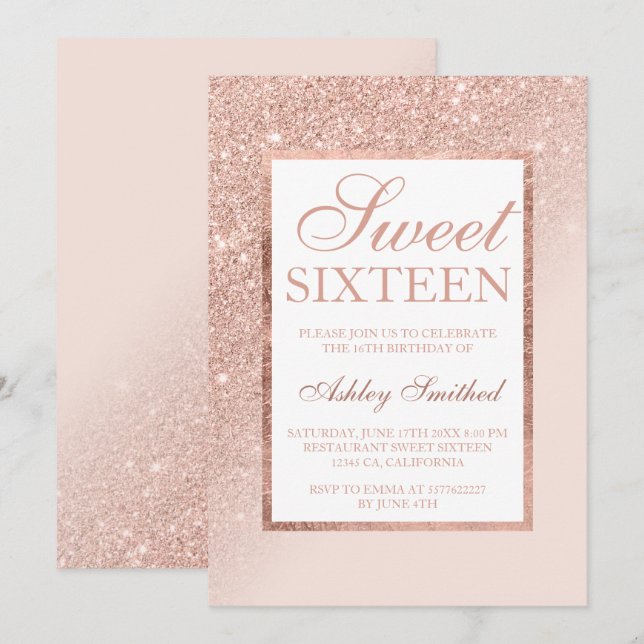 Invitation Faux rose or parties scintillant élégant chic Swee (Devant / Derrière)
