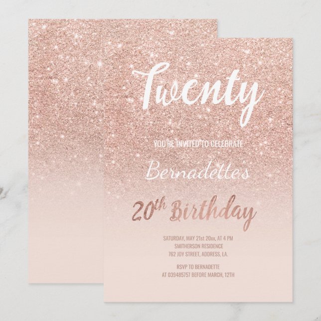 Invitation Faux rose or parties scintillant ombre 20e anniver (Devant / Derrière)