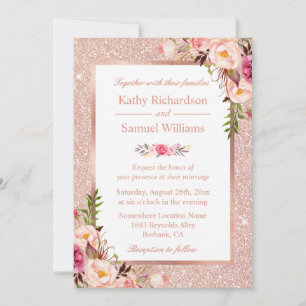 Invitation Faux Rose Parties scintillant or Blush Floral Mari