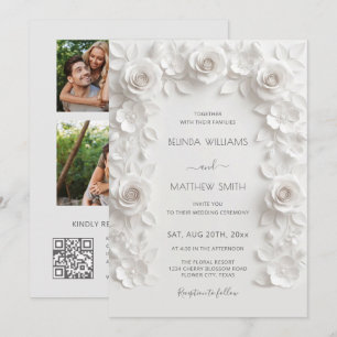 Invitation Faux Roses en Relief Blanc Cadre 3 Photos Mariage