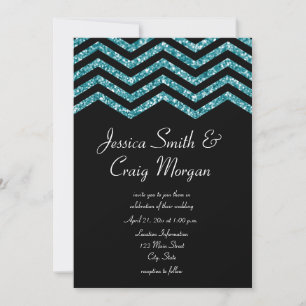 Invitation Faux sarcelle et paillettes noires Chevrons Mariag
