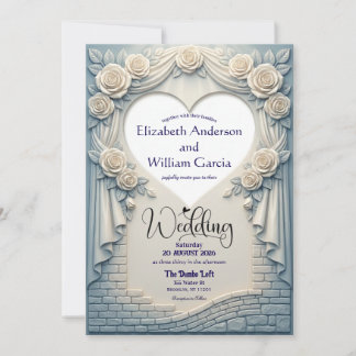 Invitation Faux Sculpted Romantic Blue Rose Drapery Heart