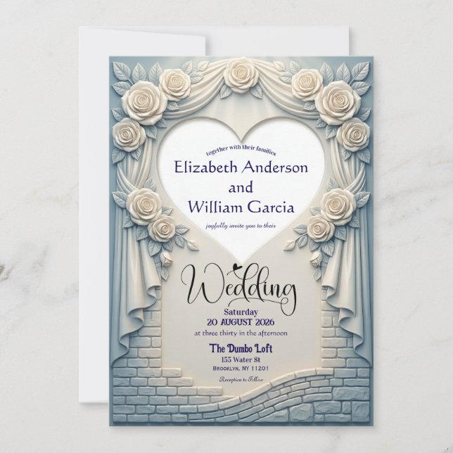 Invitation Faux Sculpted Romantic Blue Rose Drapery Heart (Devant)