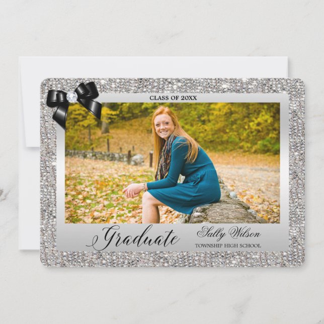 Invitation Faux Séquins Argent Black Bow Graduation Photo (Devant)