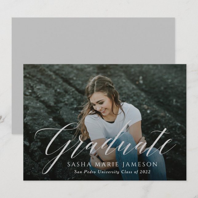 Invitation Faux Silver Calligraphy Graduate Paysage photo (Devant / Derrière)