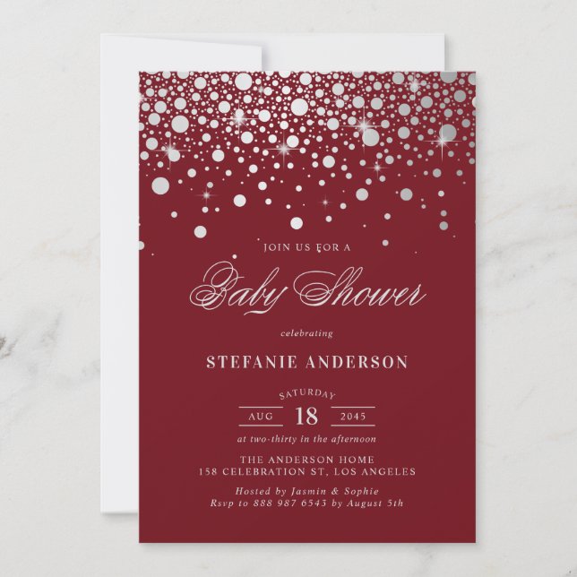 Invitation Faux Silver Foil Confetti Baby shower Bourgogne (Devant)