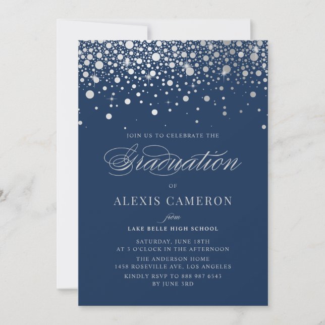 Invitation Faux Silver Foil Confetti Dots Blue Graduation (Devant)