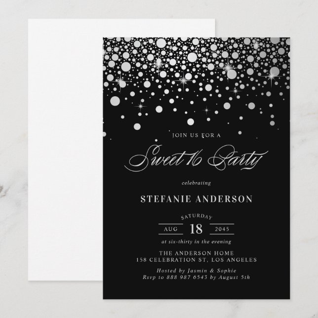 Invitation Faux Silver Foil Confetti | Sweet sixteen noir (Devant / Derrière)