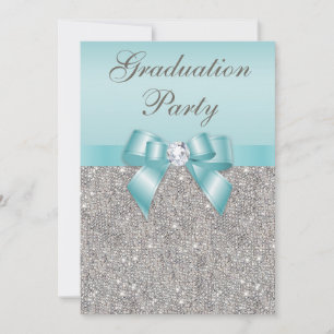 Invitation Faux Silver Jewels Turquoise Bow Girls Graduation