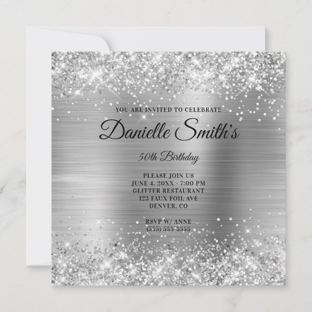 Invitation Faux Silver Parties scintillant Foil Monogramme 50 (Devant)