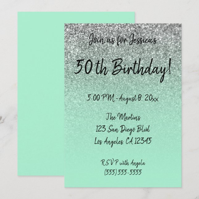 Invitation Faux Silver Parties scintillant Mint Green Ombre 5 (Devant / Derrière)