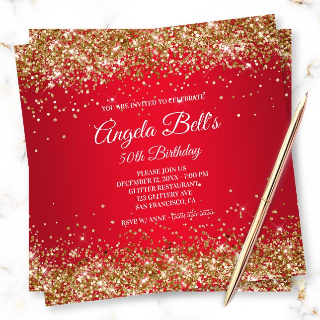 Invitation Faux Sparkly Gold Parties scintillant Bright Red O (Créateur téléchargé)