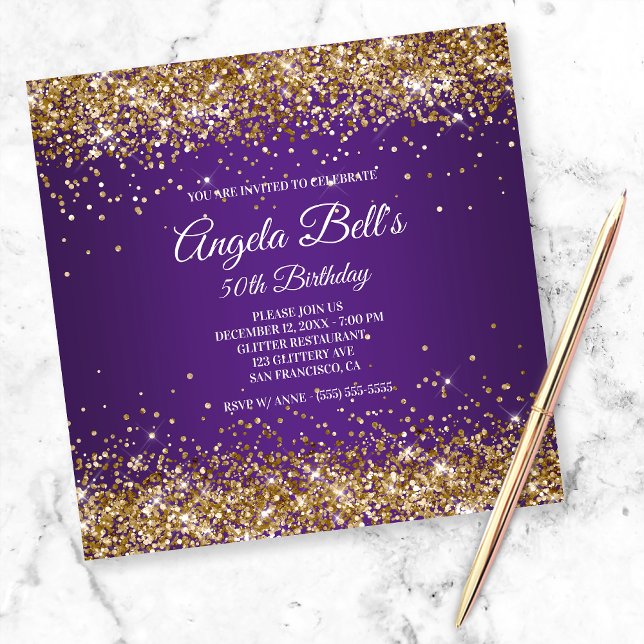 Invitation Faux Sparkly Gold Parties scintillant Royal Purple (Créateur téléchargé)