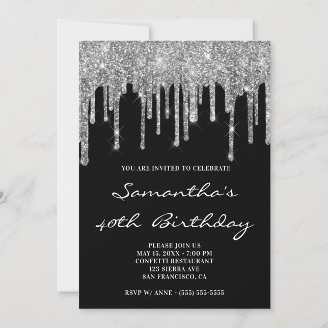 Invitation Faux Sparkly Parties scintillant argent gouttes no (Devant)