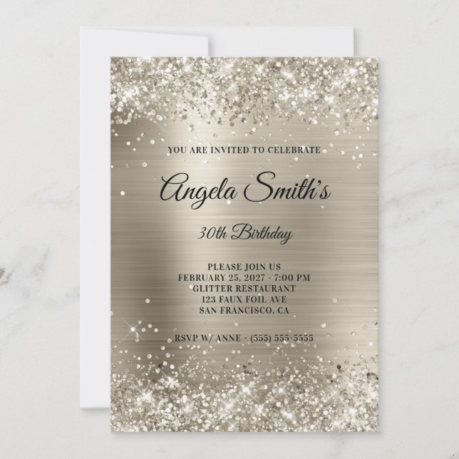 Invitation Faux Sparkly Platinum Parties scintillant Foil 30e (Devant)