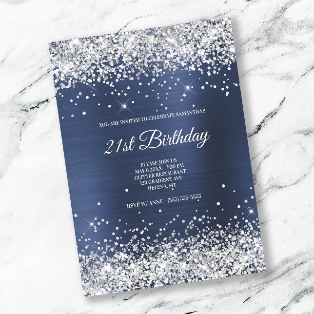 Invitation Faux Sparkly Silver Parties scintillant Dark Navy  (Créateur téléchargé)