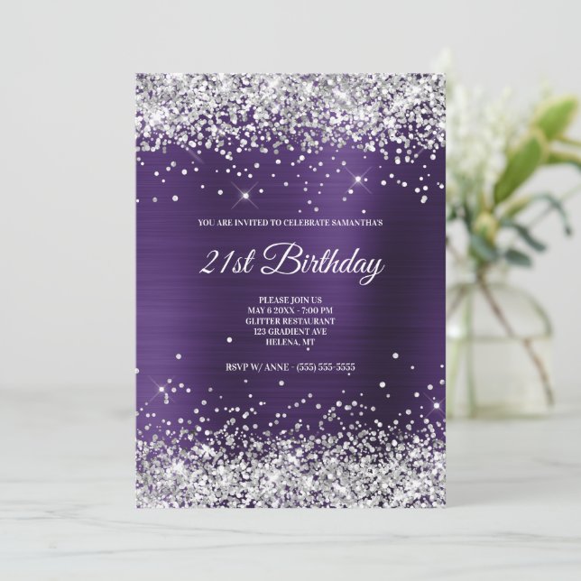 Invitation Faux Sparkly Silver Parties scintillant Dark Viole (Debout devant)