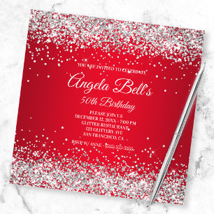 Invitation Faux Sparkly Silver Parties scintillant rouge bril