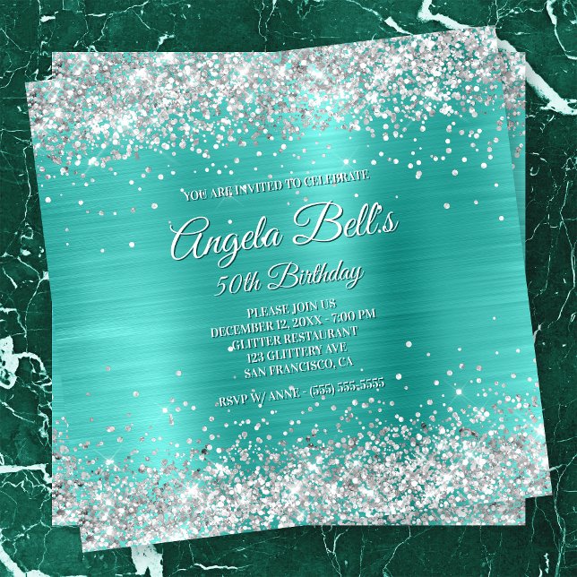 Invitation Faux Sparkly Silver Parties scintillant Turquoise  (Créateur téléchargé)