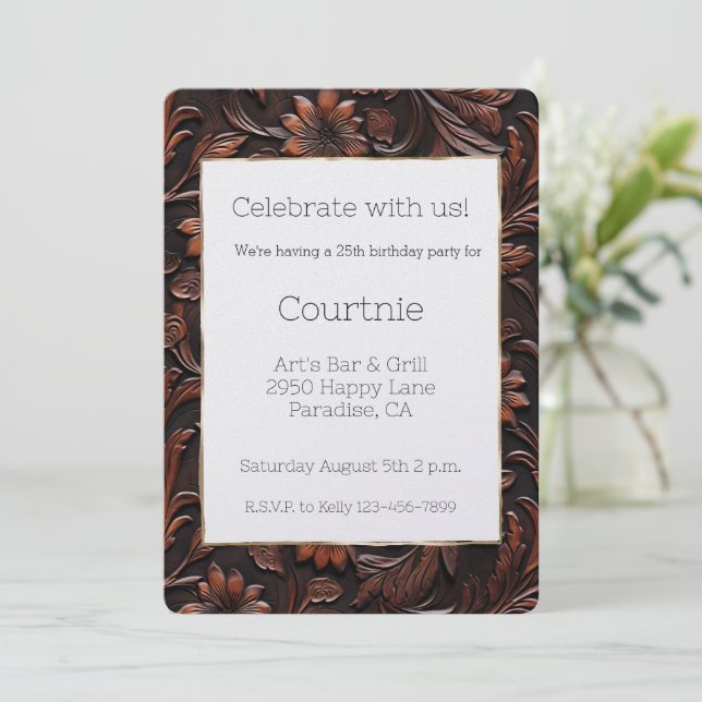 Invitation Faux Sud-Ouest Brown Fleurs de vache en cuir (Debout devant)