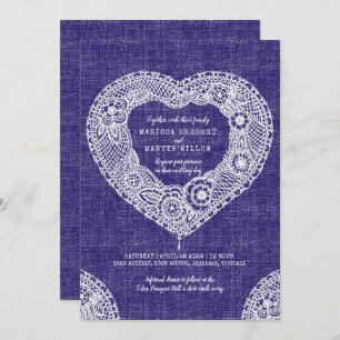 Invitation Faux tissu dentelle coeur marine mariage invite