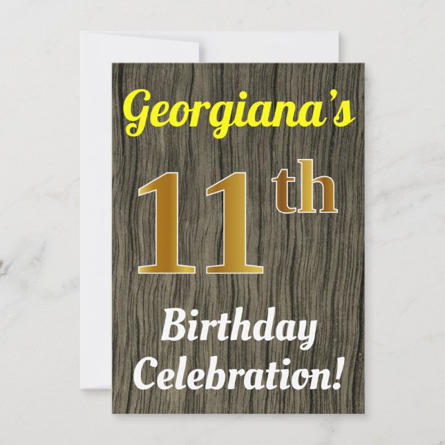 Invitation Faux Wood, Faux Gold 11e anniversaire (Devant)