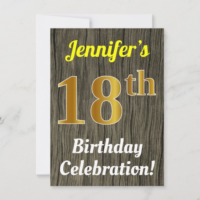 Invitation Faux Wood, Faux Gold 18e anniversaire (Devant)