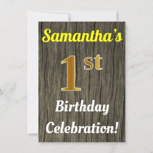 Invitation Faux Wood, Faux Gold 1er Anniversaire