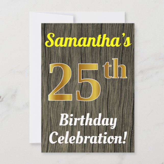 Invitation Faux Wood, Faux Gold 25th Birthday Celebration (Devant)
